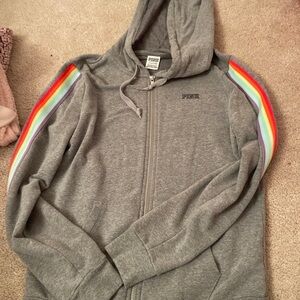 PINK by Victoria’s Secret gray rainbow sleeve zip up hooded sweatshirt sz small